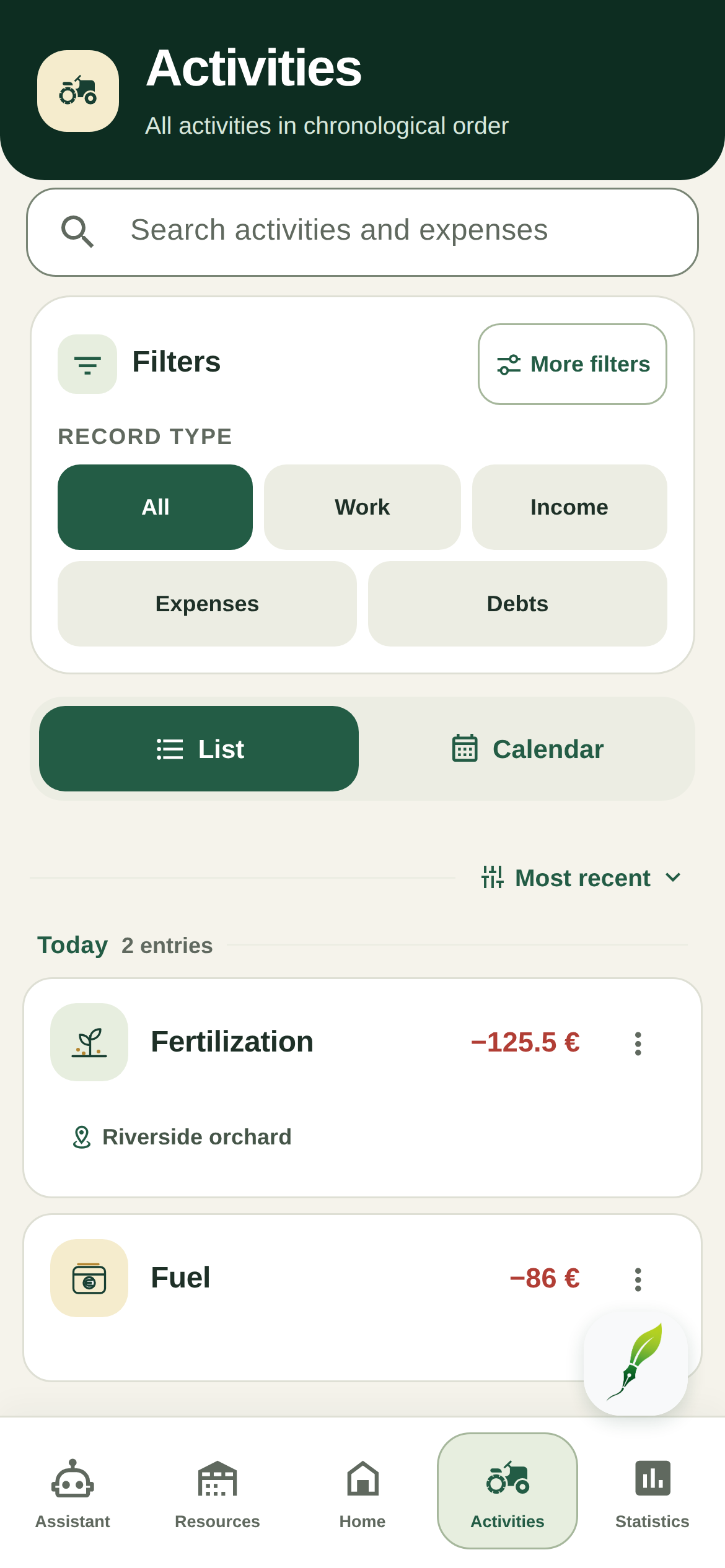 Activities — real FarmerPad app screen